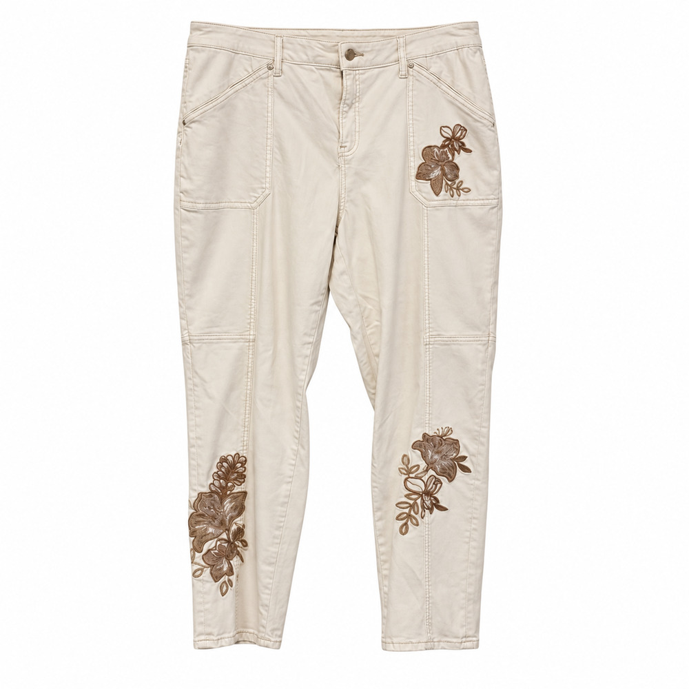 Chico's Women’s Sea Salt Ivory Embroidered Floral So Slimming Utility Jeans 3R